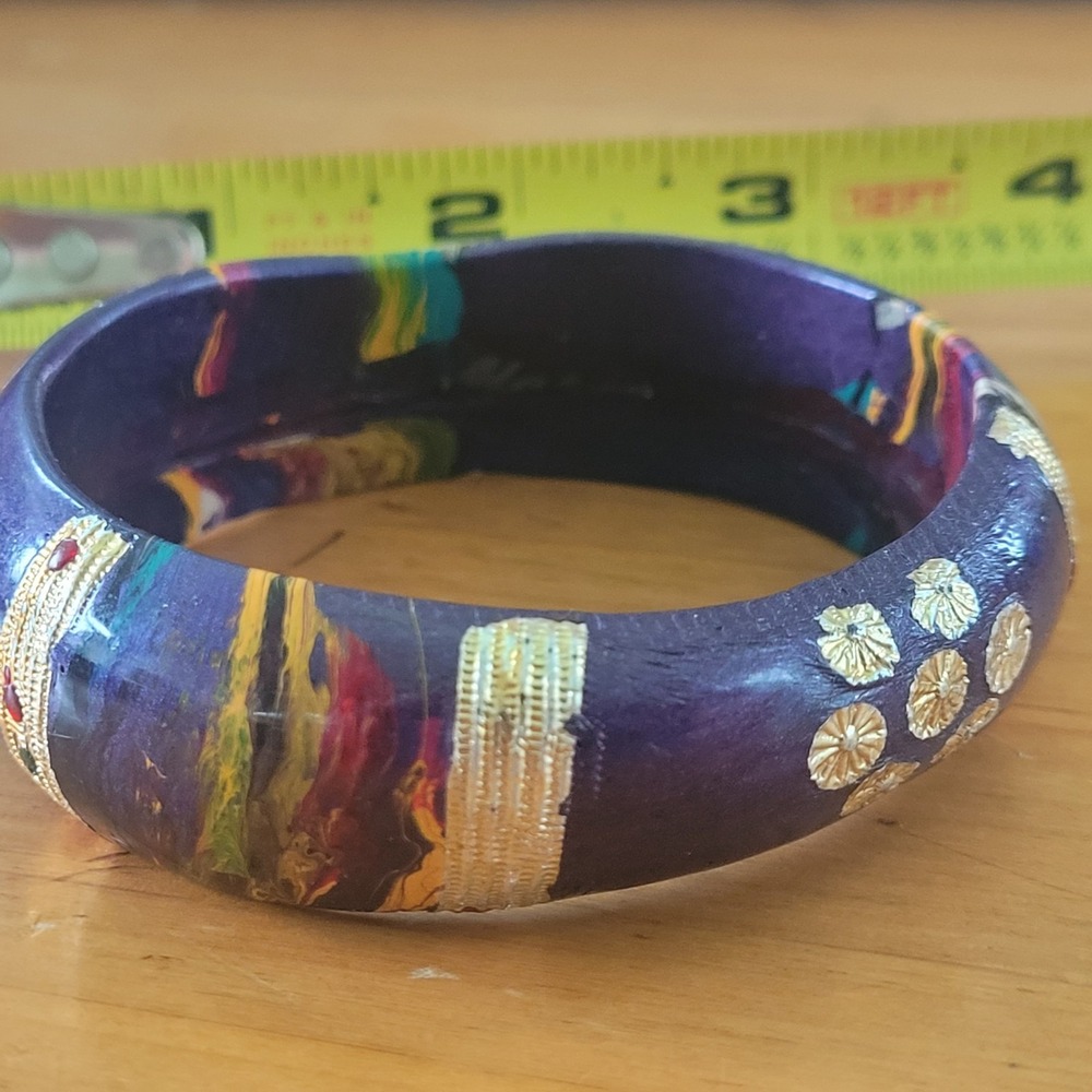Vintage Wide Purple Painted Bangle Bracelet Boho Ethnic Statement Jewelry